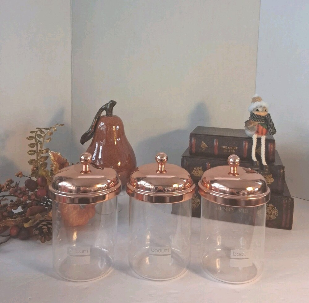 'Bodum' Chambord Copper Top Storage Jars Canister Set; Glass Clear Airtight 3pcs